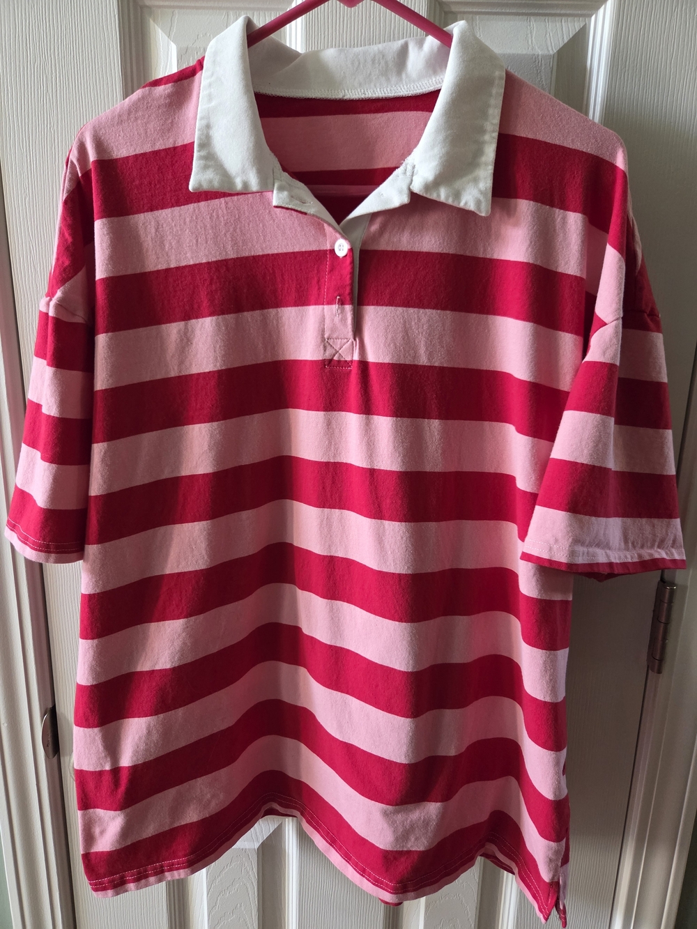 Pink and Red Striped Polo Shirt with White Collar